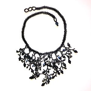 HANDMADE Coral Fringe Theme Seed Pebble Crystal Bead Beaded Necklace Black NEW!